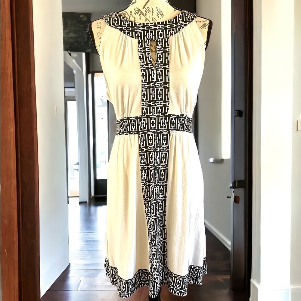 New York & Company Cream Midi Dress with Black Geometric Trim